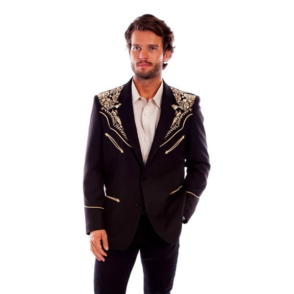 Scully Western Sport Coat Mens Embroidered 44 L Black Gold F0_P-916