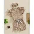 thumbnail image 3 of Bslissey Baby Girls Cute Shorts Sets Floral Print Short Sleeve Romper Tops + Drawstring Shorts + Bow Headband 3Pcs Outfits Infant Casual Daily Summer Clothes 0-18M, 3 of 9