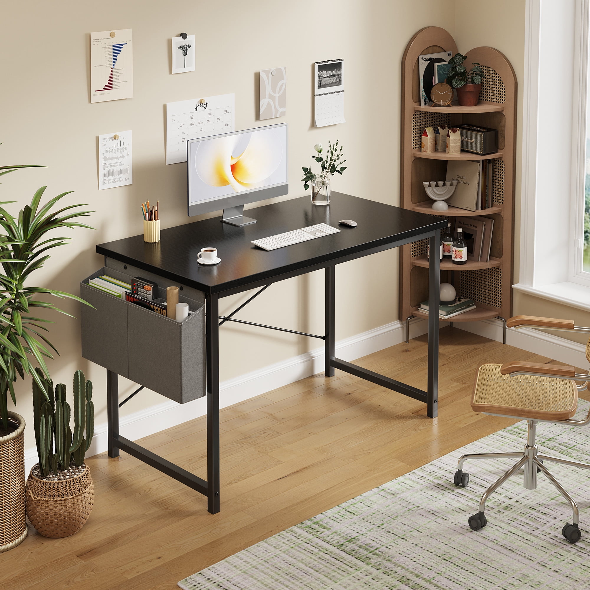 CONCETTA 44 Inch Computer Writing Desk with Storage Bag, Steel Frame for Home Office Study, Black