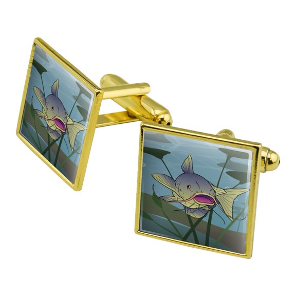Catfish Swimming in Water Square Cufflink Set - Silver or Gold