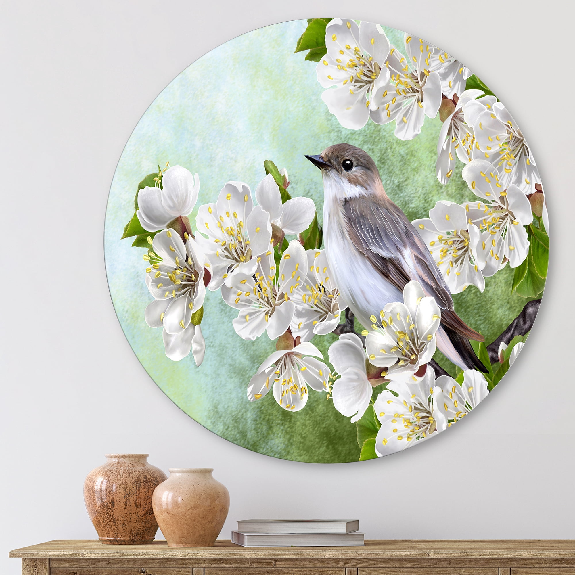 Designart 'Gray Bird Sitting On A Branch of A Blossoming Tree' Traditional Circle Metal Wall Art 23x23 - Disc of 23