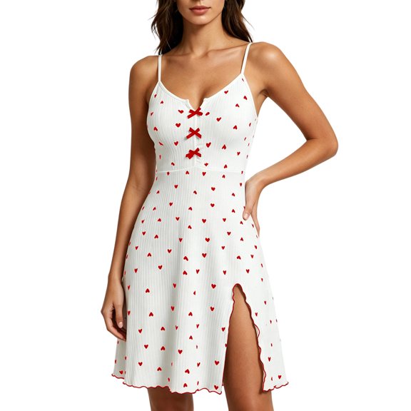 Wensltd Women Heart Print Nightgown Cami V Neck Nightdress Bow Side Slit Soft Comfy Indoor Sleep Dress