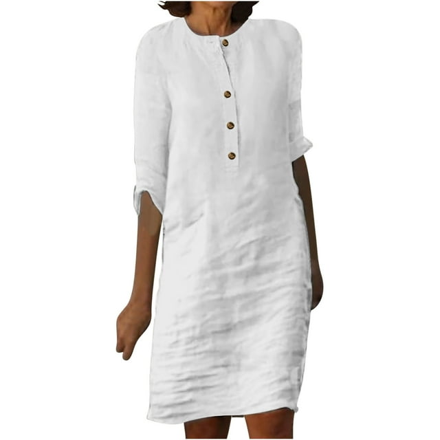 Gspmoly Robes pour Femmes, Robe pour Femmes à Manches 3/4 à Col Rond avec Boutons Longueur Genou, Robes de Vacances pour Femmes Offres du Jour