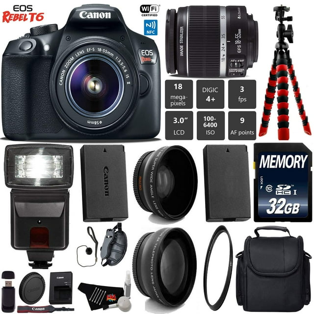 Canon EOS Rebel DSLR Camera 18-55mm is II Lens + Flash + UV FLD CPL Filter Kit + Wide Angle & Telephoto Lens + Camera Case + Tripod + Card Reader - Intl Model