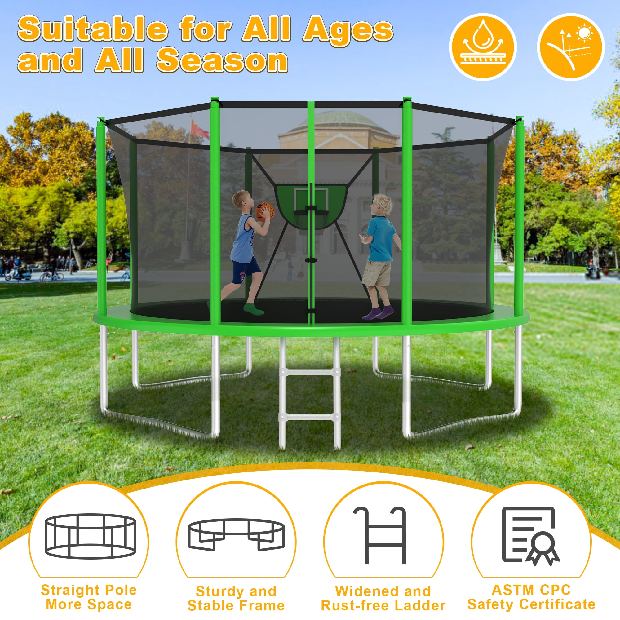 XMIKA Trampoline, 1200LBS 12FT Trampolines for Kids Adults, Trampoline with Safety Enclosure Net, Outdoor Backyard Trampolines with Basketball Hoop, LED Light, Sprinkler and Ladder, Heavy Duty