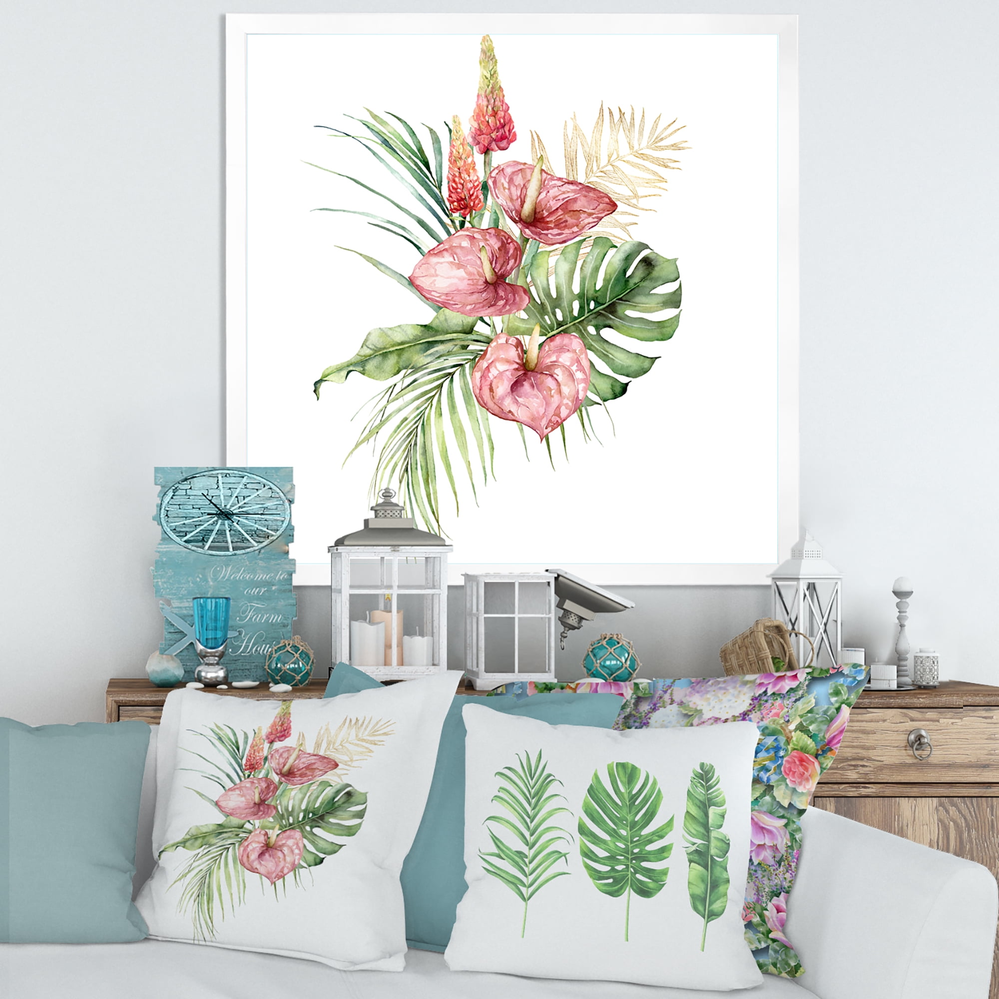 Designart 'Tropical Bouquet With Anthurium Lupine and Leaves On White I' Traditional Framed Art Print