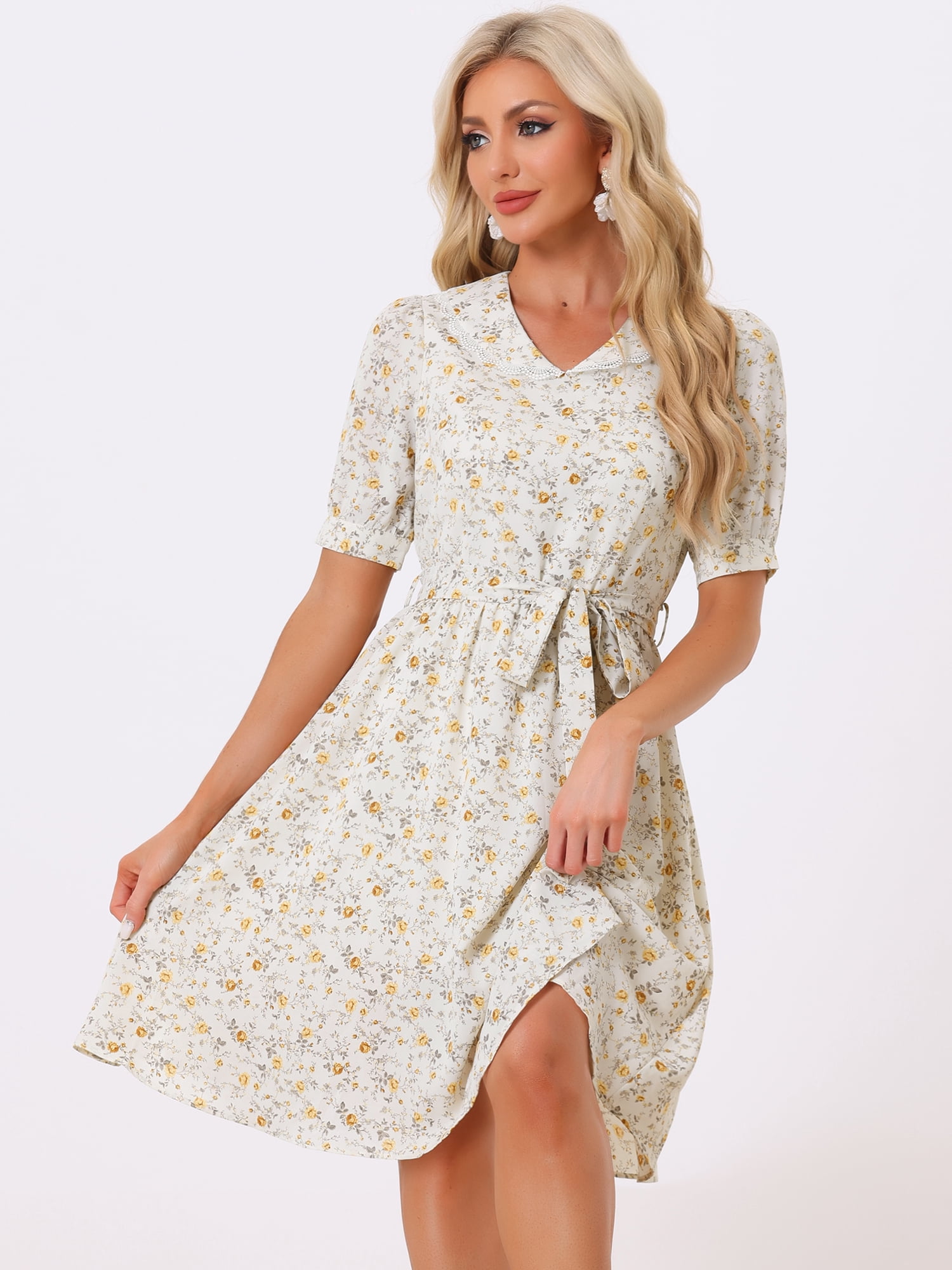 DARING DIVA Peter Pan Collar A-Line Flowy Midi Chiffon Floral Dress XL Light Yellow