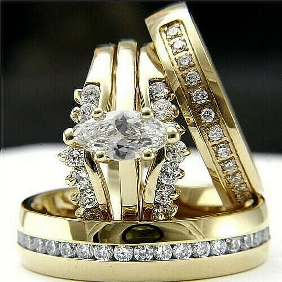 Women's Men's Engagement Wedding Trio Ring Set Simulated Diamond 14k Yellow Gold Plated