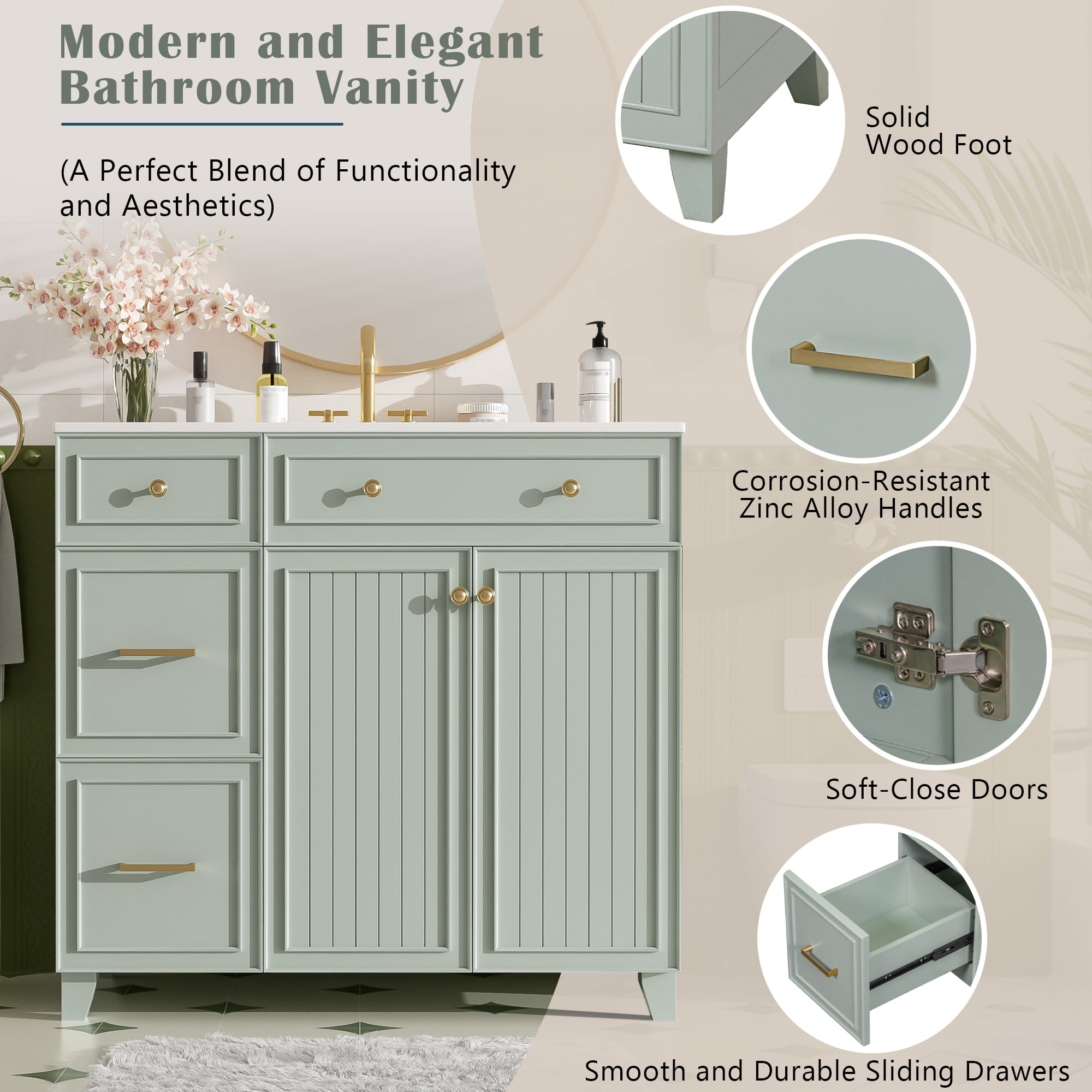 Euroco 36" Bathroom Vanity with Ceramic Sink, Standard and Double-Layer Drawers, Soft Close Doors, Adjustable Shelves, Modern Storage Cabinet for Small and Medium Bathrooms