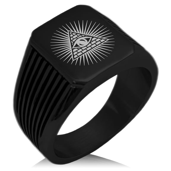 Stainless Steel All Seeing Eye of Providence Needle Stripe Pattern Biker Style Polished Ring