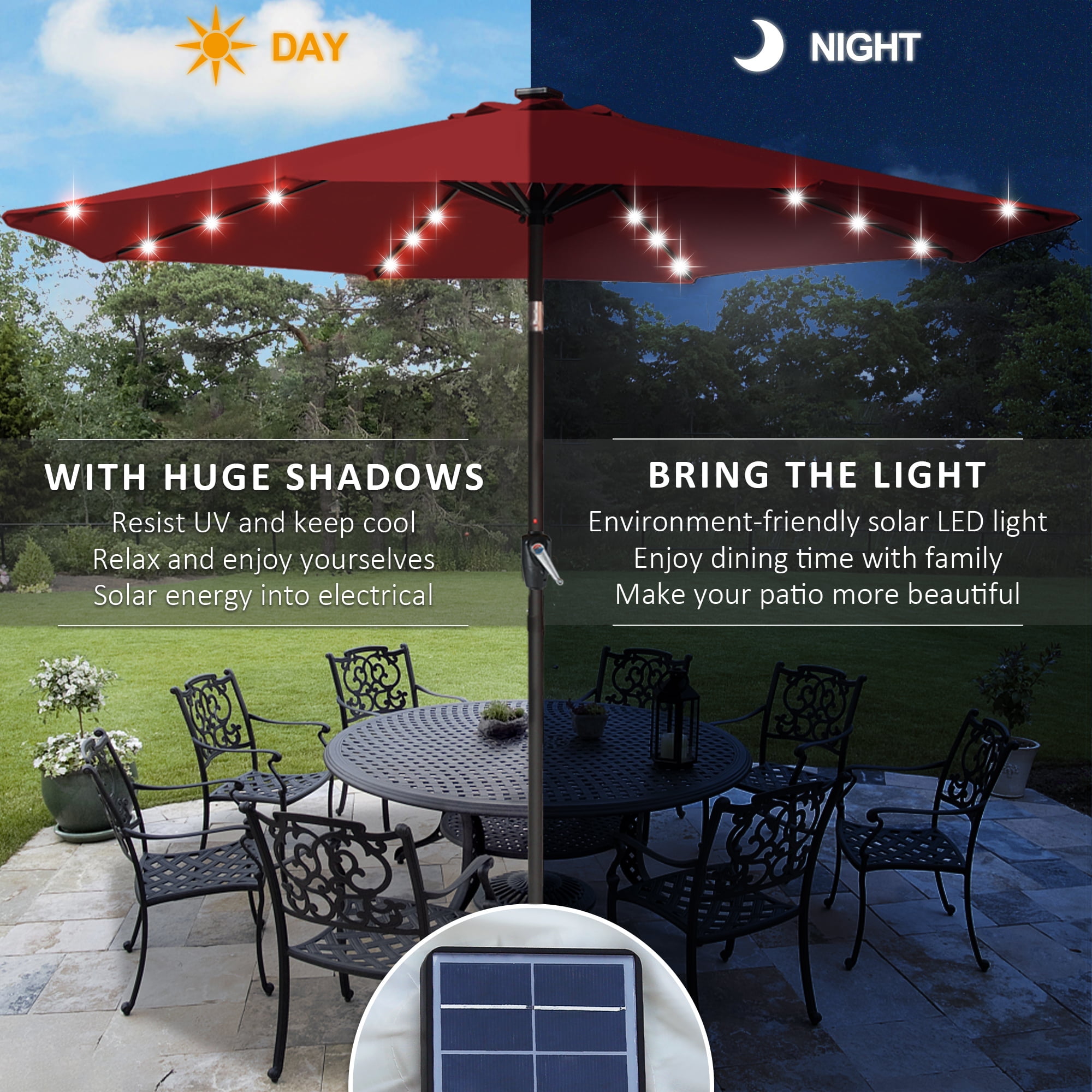 ABCCANOPY 10.5ft Patio Solar Umbrella LED Outdoor Umbrella with Tilt and Crank, Burgundy