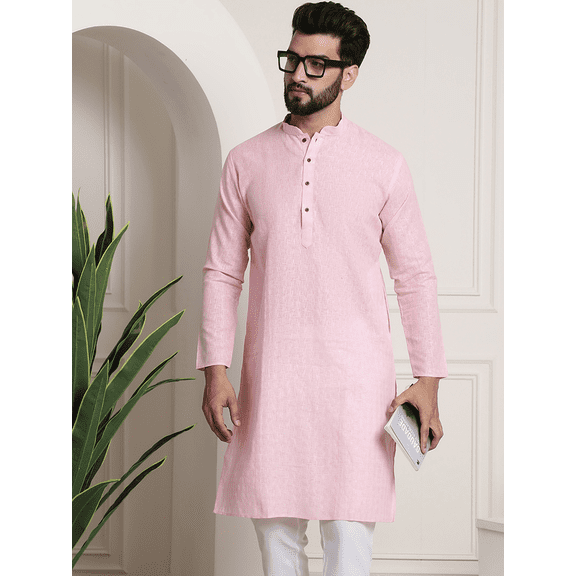 Sojanya (Since 1958) Men'S Cotton Linen Pink Checked Only Long Kurta, Size 42