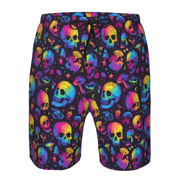 Saiise mushroom rainbow color Skull Print Men's Swim Trunks