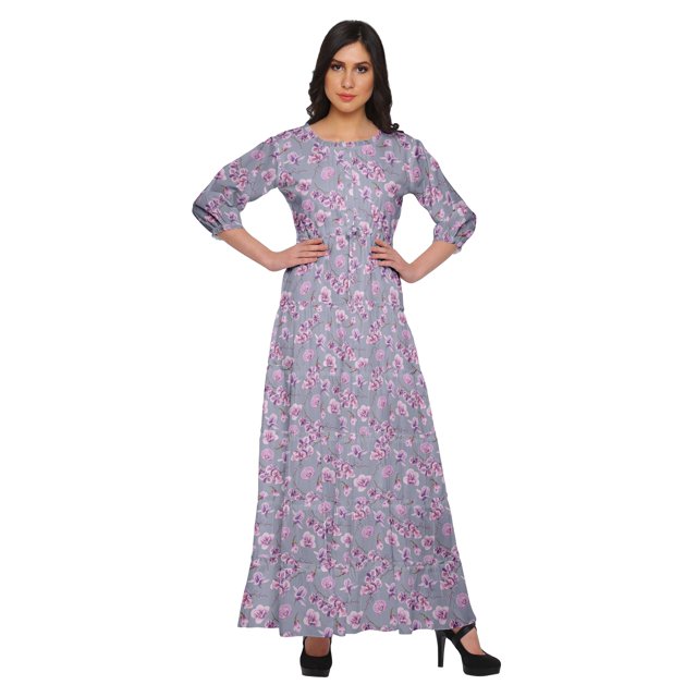 Moomaya Robe Longue Imprimée pour Femmes Manches 3/4 Col Rond Tenue Décontractée