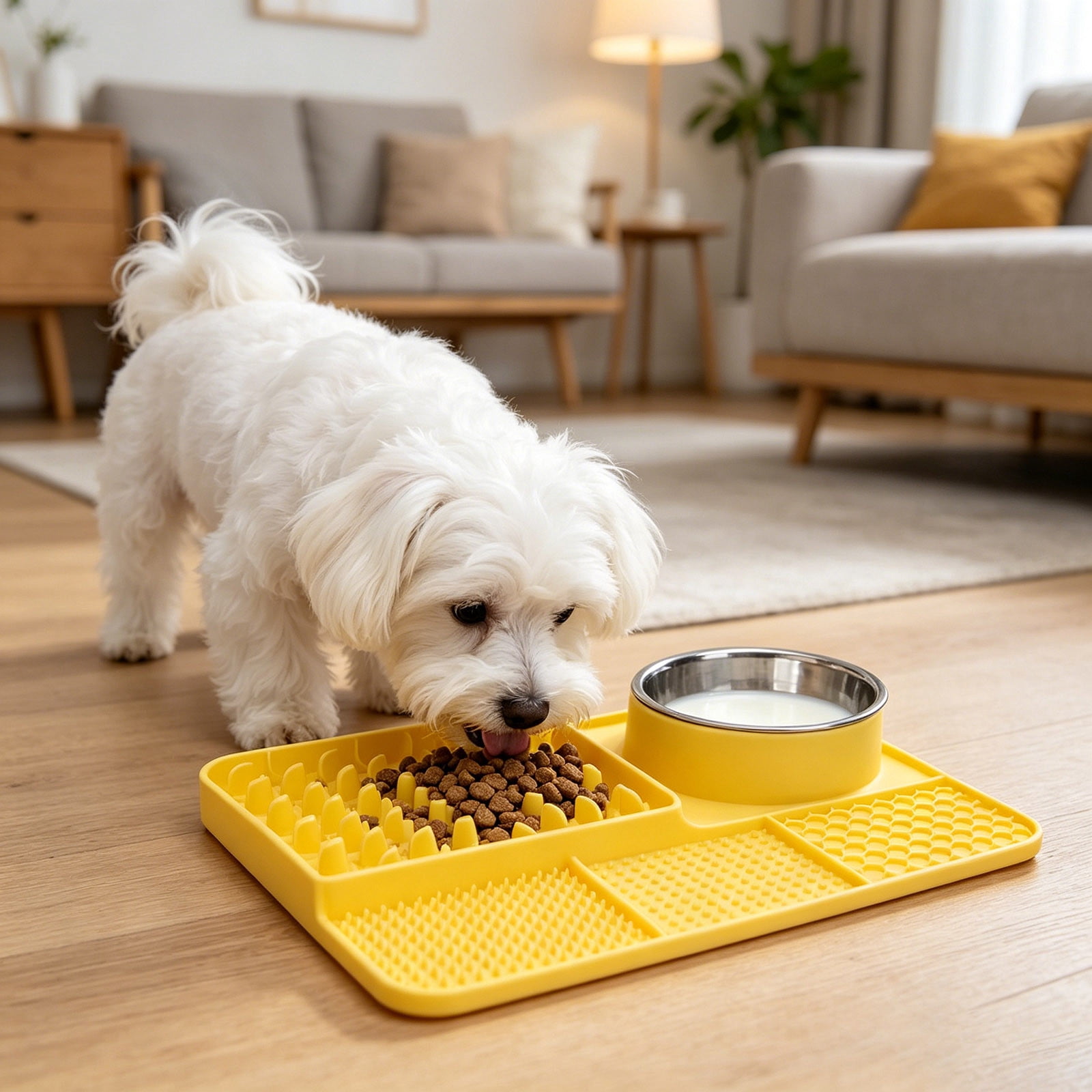 Licking Pad 5âInâ1 Silicone Slow Feeding Mat Suction Cup Antiâ Feeder Detachable Stainless Steel Bowl StressâRelief Set For Cats Dogs Puppies Daily Use 13.0 x 9.8 in Yellow