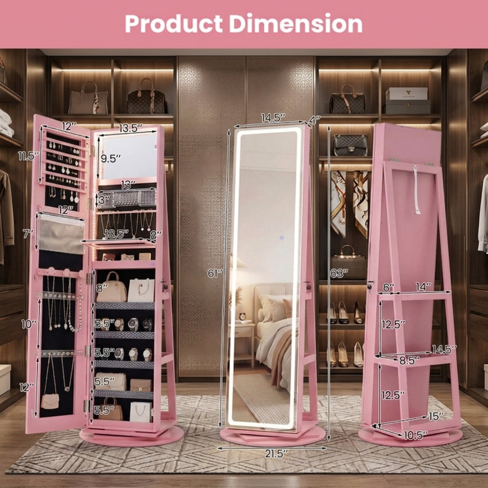 Furnibear Standing Jewelry Cabinet with Adjustable LED Lights for Bedroom Dressing Room Jewelry Necklace Rings Storage Mirror, Pink