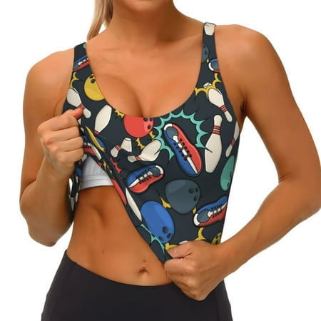Qokaie Bowling Ball Pattern Womens Scoop Neck Sports Bra Breathable Workout Vest Padded U Back Medium Impact Fitness Gym Yoga Bra Workout Crop Top