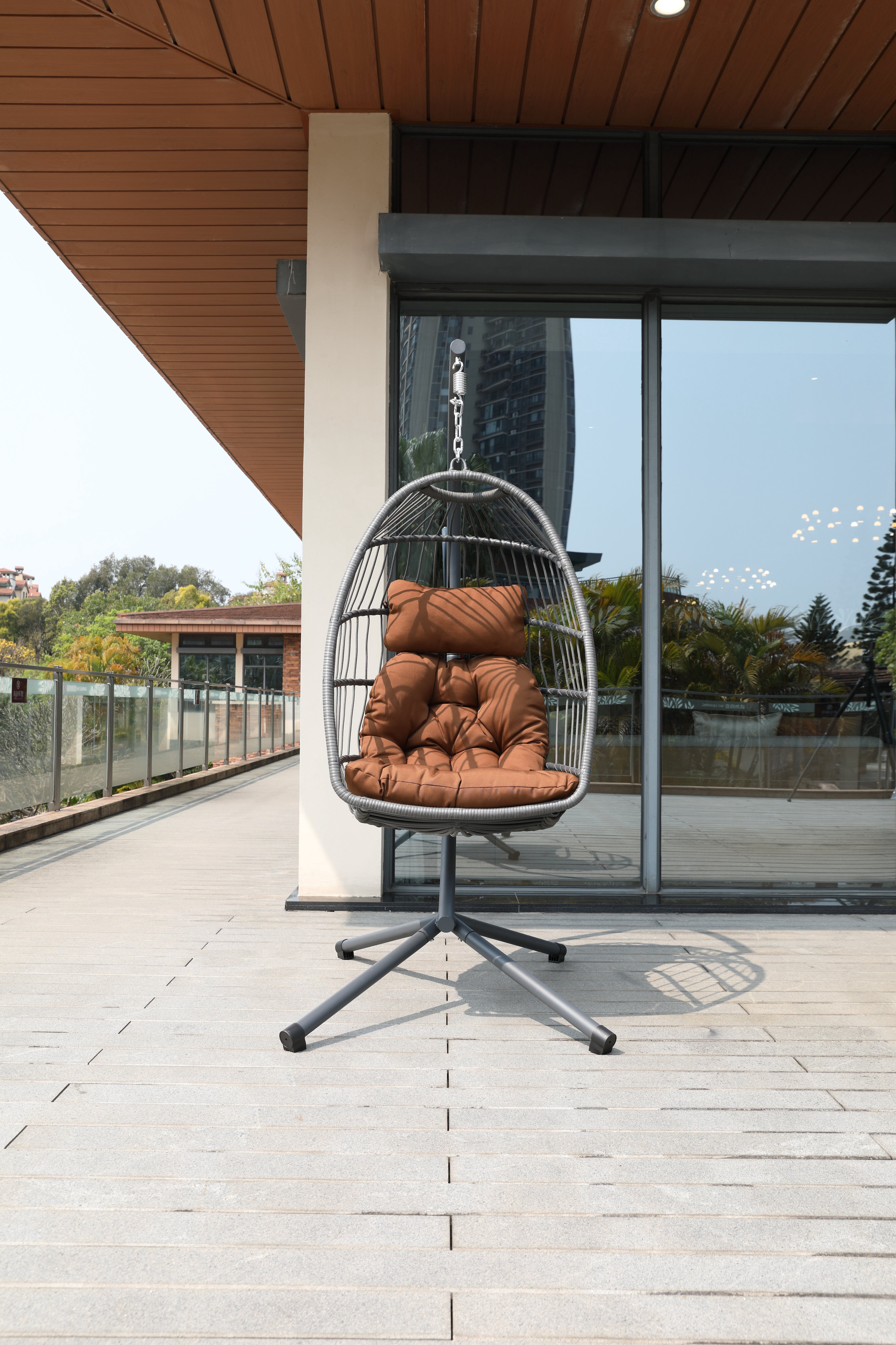 Egg Chair with Stand, Foldable Wicker Hanging Swing Chair with Cushion for Patio Bedroom Balcony Garden, Brown