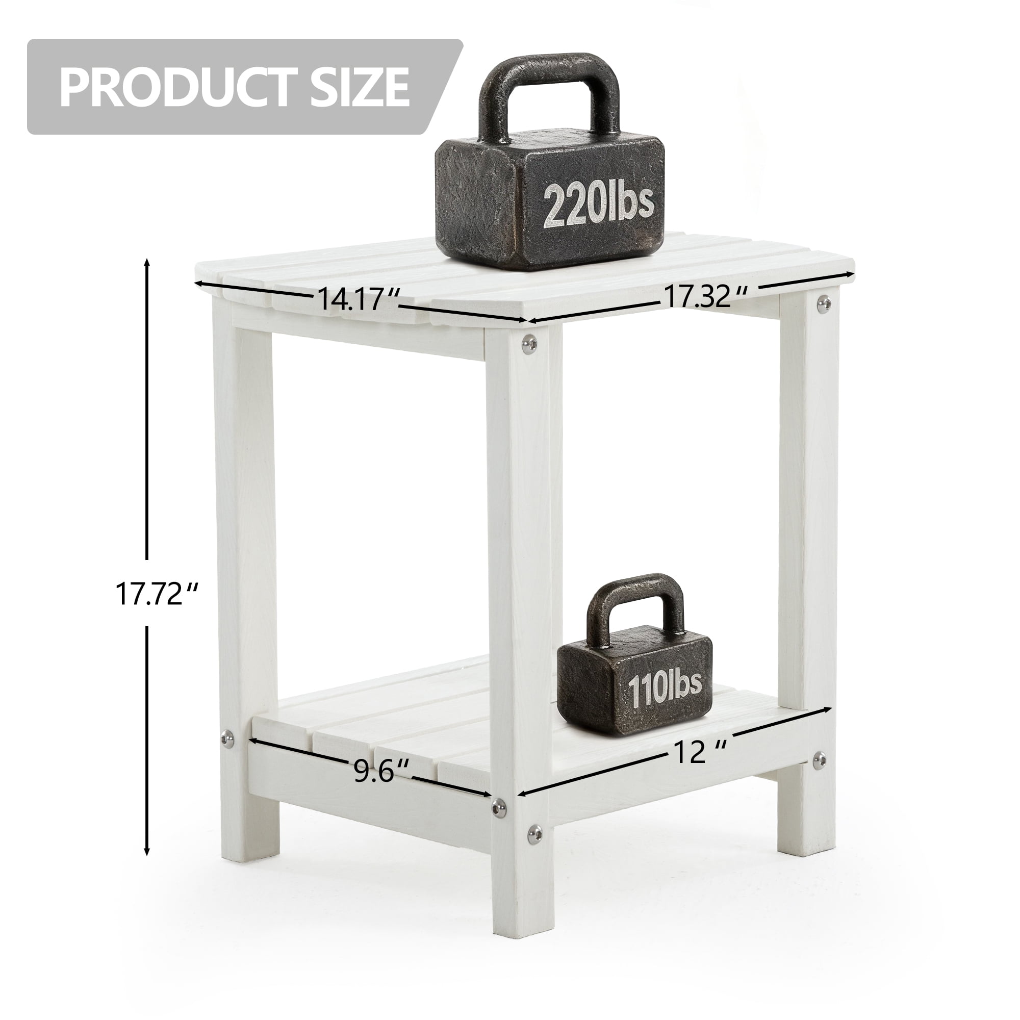 ENYLAY Adirondack Small Outdoor Side Table , Weatherproof HDPE Patio End Table with 2-Tier Storage for Firepit, Balcony, Garden, Poolside or Bathroom (White, Set of 2)