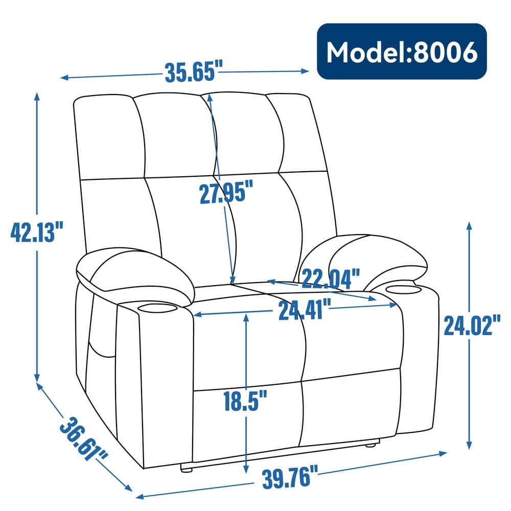 Resenkos Recliner 24.5" Wide with Dual Motors, Massage & Heat, Cup Holders, 350lb Capacity, Blue