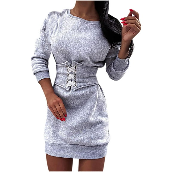 Aoochasliy Fall Dresses for Women A-Line Solid O-Neck Waist Retraction Bandage Long-sleeved Mini Dress