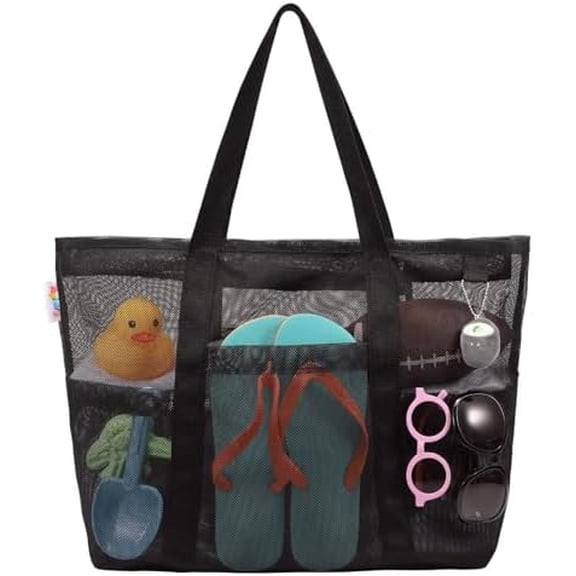 Mesh Beach Bag with Zipper Large Beach Tote Waterproof Sandproof with 8 Pockets for Toys Pool Bag Beach Accessories Black