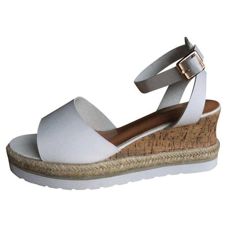Retro Womens Fashion Open Toe Ankle Platform Wedges Shoes Ladies Roman Sandals Flat Wedge Sandals for Women Black Leather Sandals for Women