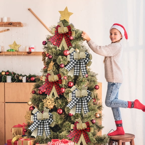 2Pcs 13Inch Christmas Buffalo Plaid Bow Rustic Burlap Crafts Wreath Bow for Holiday Weeding Christmas Decorations