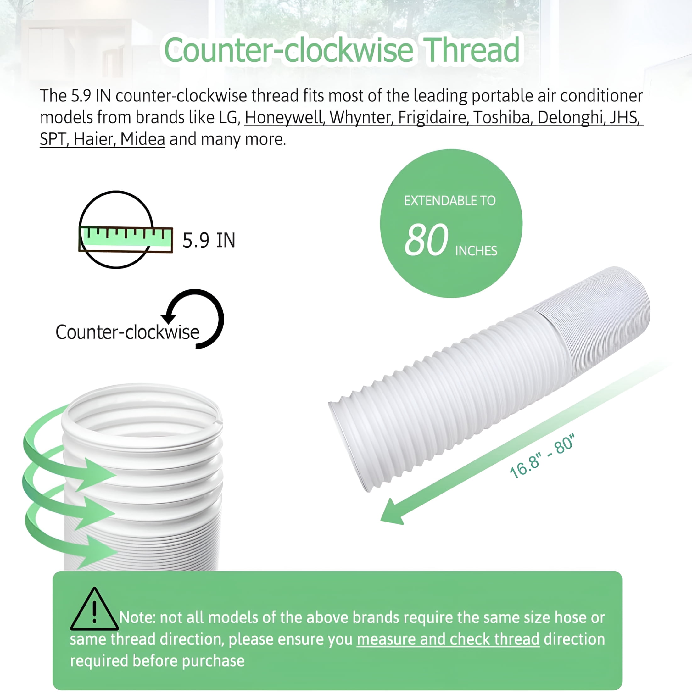 HIBIBUD Air Conditioner Exhaust Vent Hose 5.9"Diameter,80"Length,Universal Counter-Clockwise Air Vent