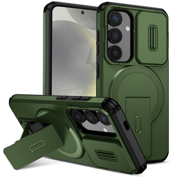 For Samsung Galaxy A36 5G Rugged Phone Case,With Invisible Kickstand,Compatible with Mag-Safe,With Camera Lens Cover,Shockproof Anti-Scratch Drop Protection Durable Heavy Duty Phone Case,Green