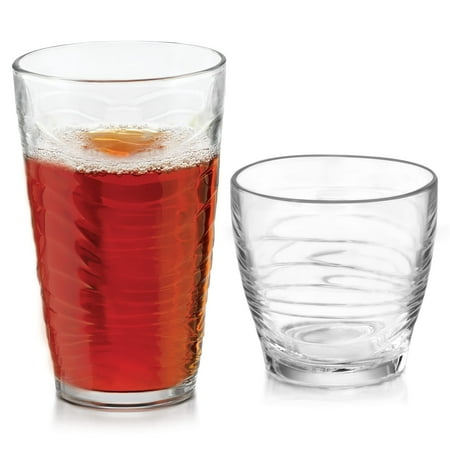 Libbey Orbita Rocks and Tumbler Drinking Glasses Set of 16 Durable Glass Cups Set with Wave Pattern Glassware Drinking Glasses for Any Occasion