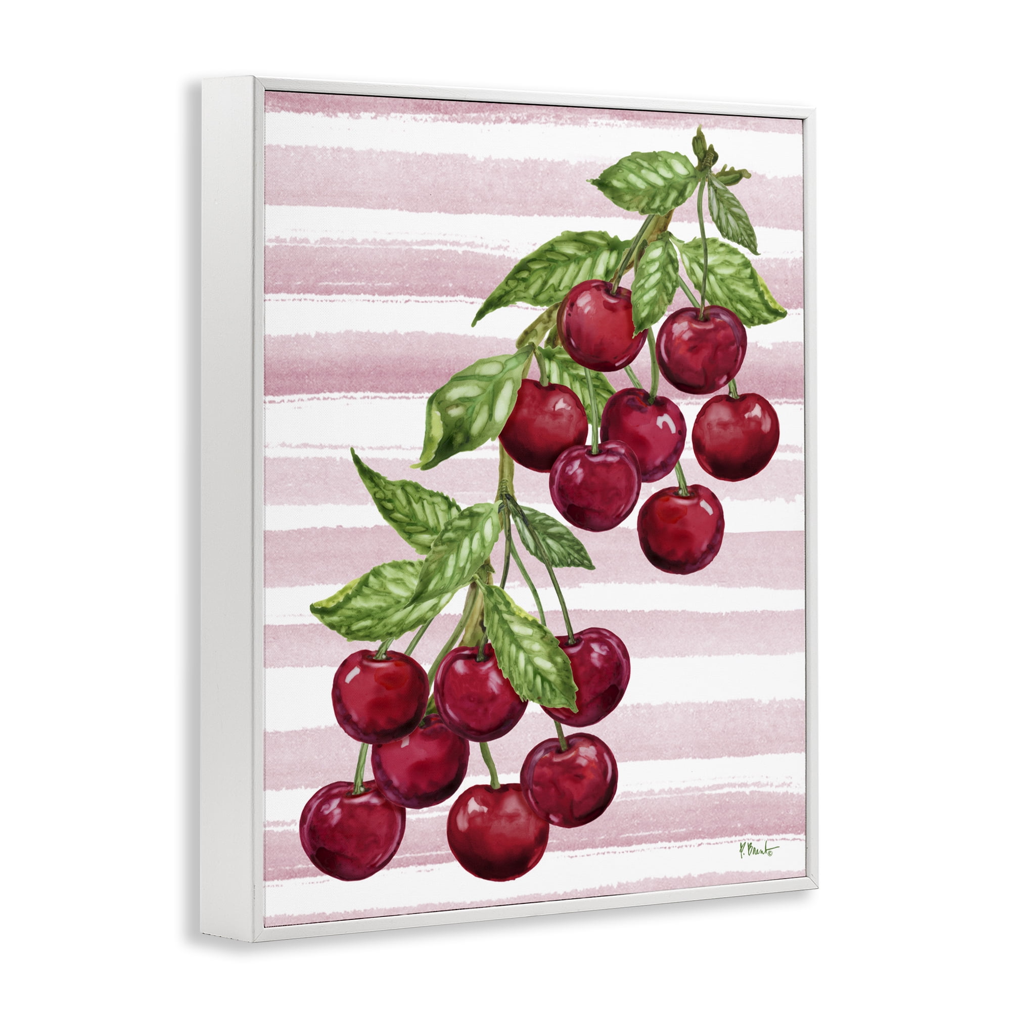 Stupell Industries Juicy Cherry Vine on Stripes White Framed Giclee Art, design by Paul Brent