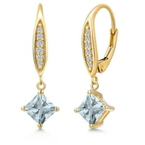 Gem Stone King 10K Yellow Gold Sky Blue Aquamarine and Lab Grown Diamond Earrings for Women | 1.09 Cttw | Gemstone March Birthstone | Princess 5MM