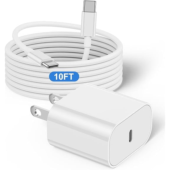 can iPhone 17 16 15 Charger and 10ft Type C to C Cable Cord Long, 20W USB C Fast Wall Charging Block Plug Power Adapter Cube Brick for Apple iPhone/Samsung