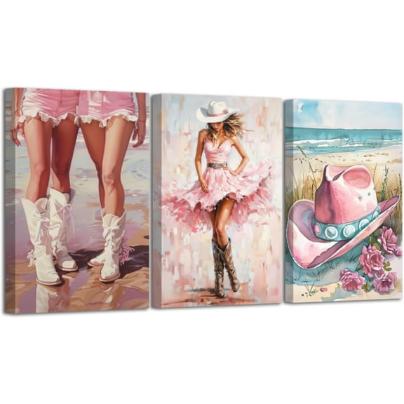 Hieng Cowgirl Wall Art 3 Pieces Pink Cowgirl Cowboy Boots Canvas Pictures Fashion Women Poster Prints Coastal Hat and Horse Paintings for Farmhouse Decor Unframed