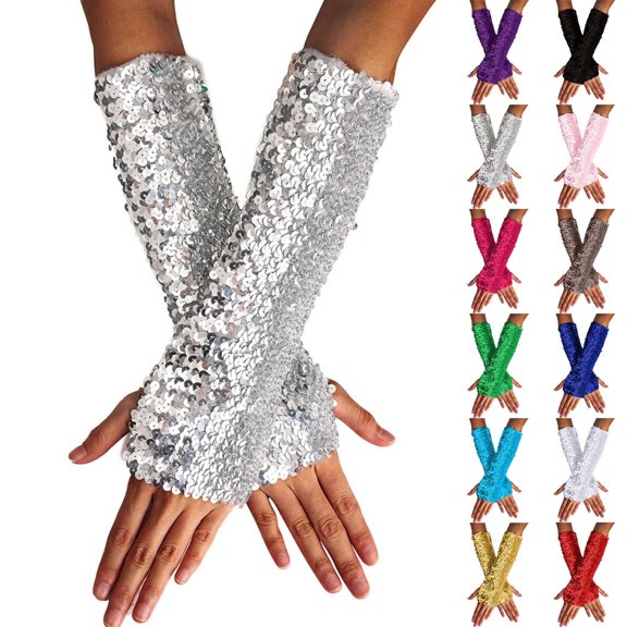 WHEANG Women's Gloves Fingerless Elastic Gloves Sequin Gloves Glitter Carnival Performance Dance Gloves Stylish Glitter Gloves for Women Length Stretchy Opera Gloves Gold 2026 Sales Under $1