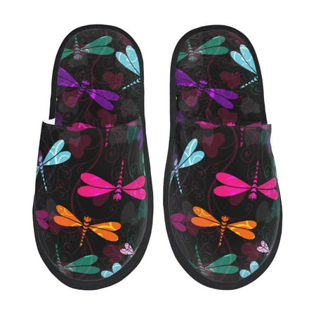 Balery Colorful Dragonflies Slient Indoor Furry Fleece Comfort House Shoes Soft Non-Slip Home Shoes Cotton slippers House Slippers-- Large