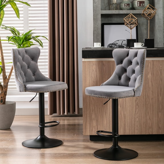 Dtwnek Set of 2 Swivel Velvet Barstools with Metal Frame, Adjusatble Seat Height from 25-33 Inch, Upholstered Bar Stools for Bar, Kitchen Island, Gray