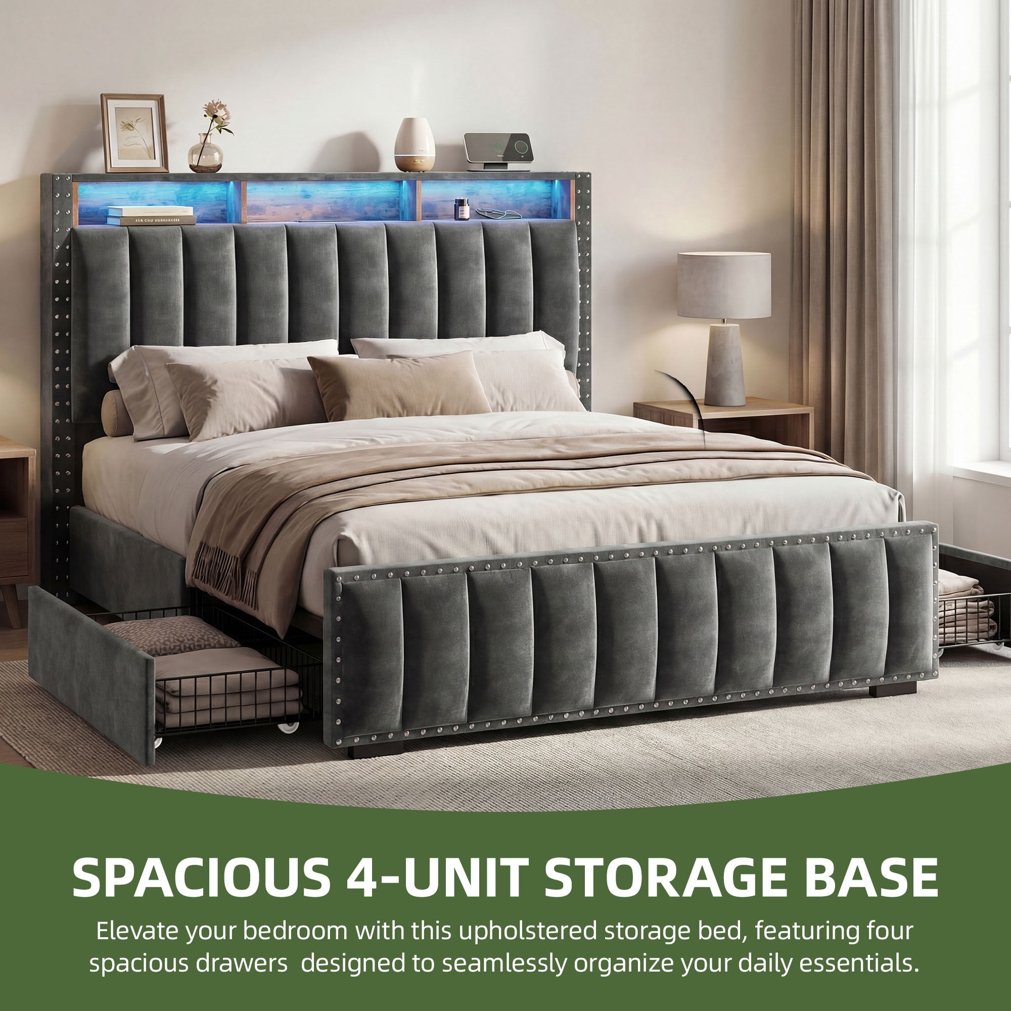 Uforic Queen Size Upholstered Platform Bed Frame, Velvet Bed with 4 Storage Drawers, RGB LED Light, Charging Station & Bookcase Headboard, Noise-Free, No Box Spring Needed, Easy Assembly, Grey