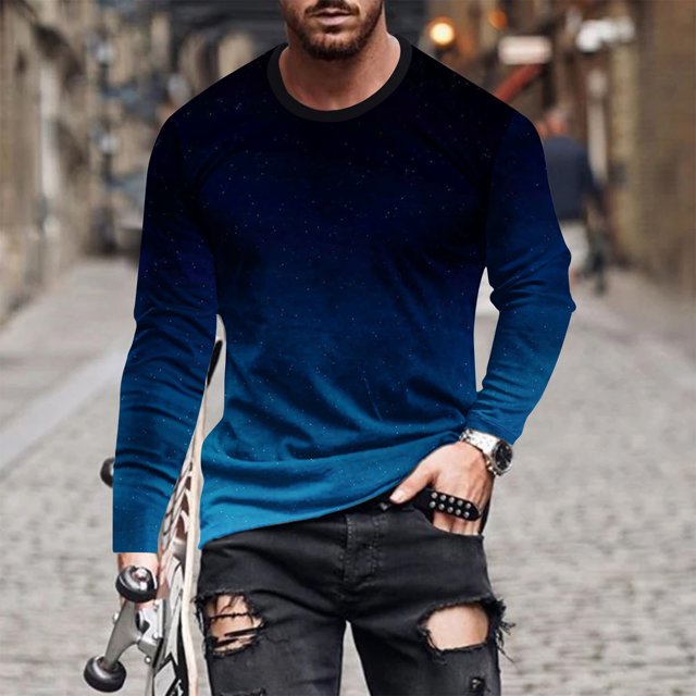 Meichang T-Shirt à Manches Longues pour Homme Coupe Ajustée, T-Shirts Graphiques pour Homme Décontractés à Imprimé Dégradé 3D, T-Shirts Fantaisie à Col Rond Confortables à Manches Longues pour Homme
