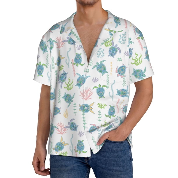 Fotbe Sea Turtle Camisa Estampada de Manga Corta para Hombre, Casual de Verano, Estilo Playero, Sin Arrugas-Small