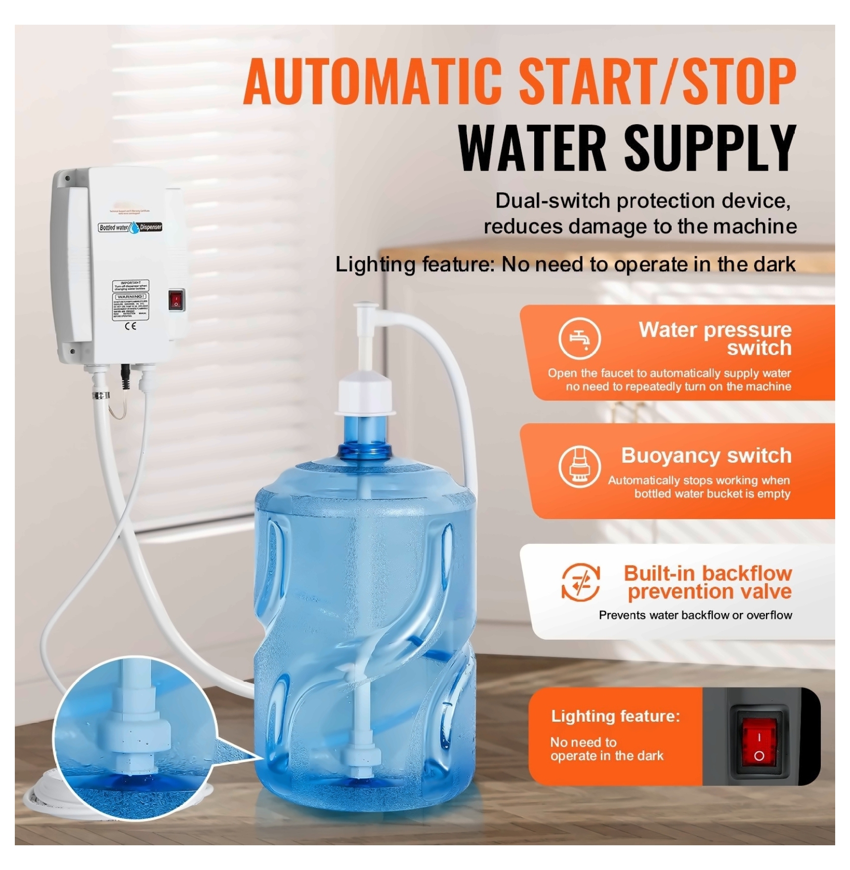 Bottled Water Dispenser Pump - 110V Electric Water Pump with 20ft Hose, for 5-Gallon Bottles, Coffee Machines, Ice Makers, Faucets, Tea Makers