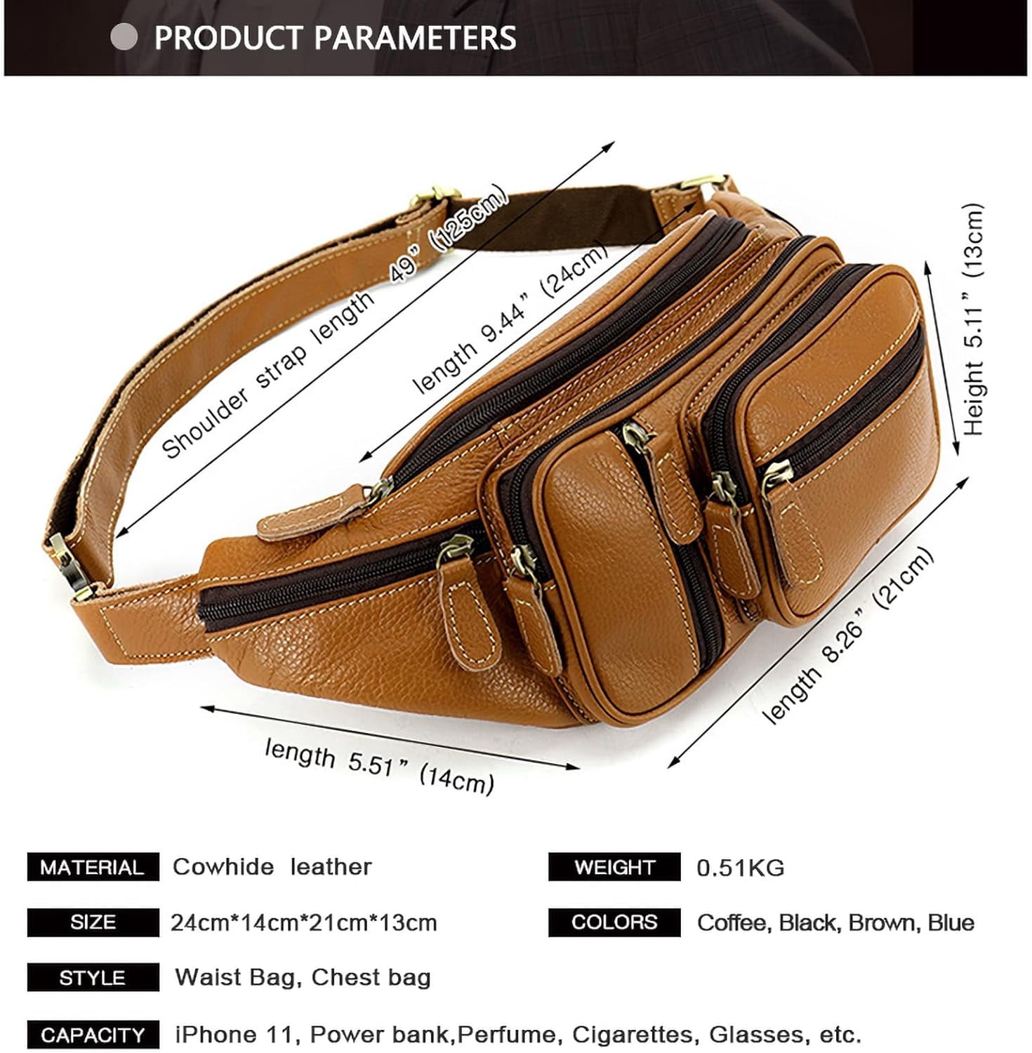 MARRANT Genuine Leather Fanny Pack for Men, Large Capacity Crossbody Waist Bag with Multiple Zipper Pockets, Brown