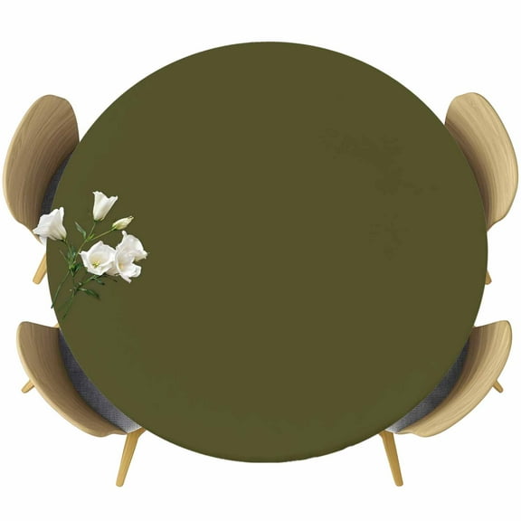Olive Green Round Fitted Table Cover Solid Color Waterproof Table Cloth with Elastic Edge Wipeable Tablecloth for Picnic Camping Party Fits 45"-54" Diameter