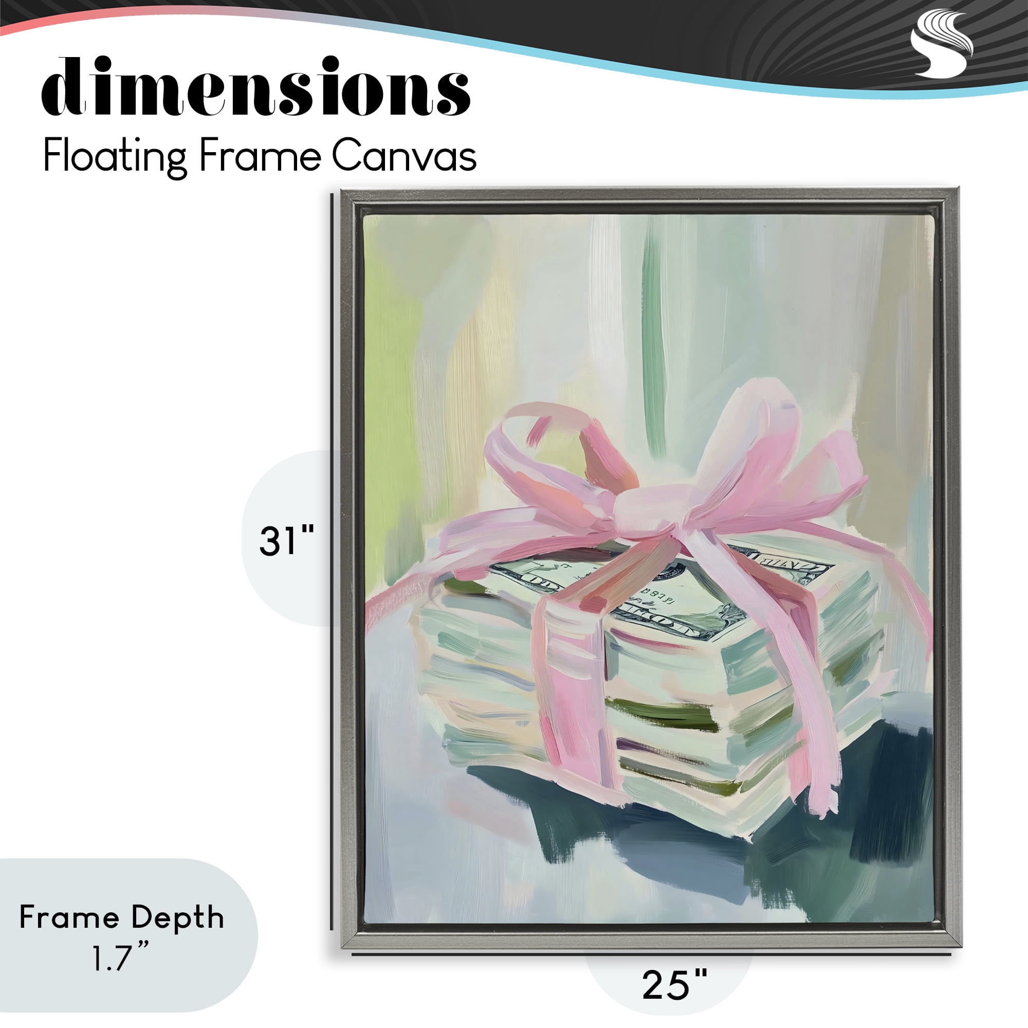 Stupell Industries Pink Bow Cash Bundle Gray Framed Floater Canvas Wall Art, design by The Prints Vibe