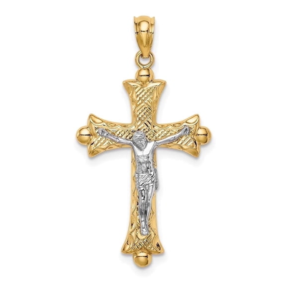 DewberryDiamonds 14K Two-Tone Gold Religious Jesus Florentine Crucifix Cross Pendant Charm (Weight : 1.44 g, Length : 33 mm, Width : 17 mm)