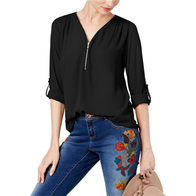 I.N.C Womens Mixed Media Utility Knit Blouse, darkred, XL