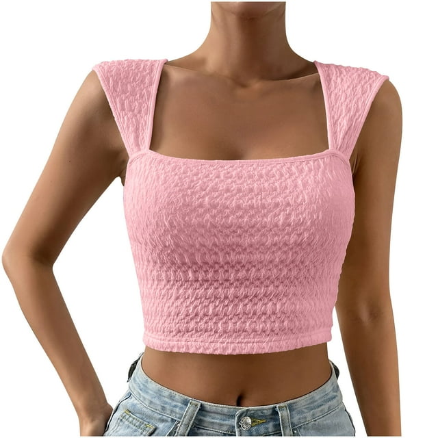 Plebaso Débardeurs Courts à Encolure Carrée pour Femmes, Smockés, Sans Manches, Couleur Unie, Ajustés, pour Sorties, T-Shirts