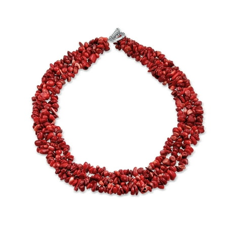Red Jade Gemstone (Dyed Red Simulated Coral Gemstone Chunky Cluster Bib Chip Statement Multi Strand Statement Necklaces Silver Plated)