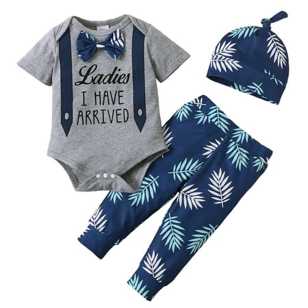 

6 Months Baby Boys Clothes 9 Months Boys 3PCS Outfit Set Letter Print Infant Boy Short Sleeve Top Pants Hat Set Gray